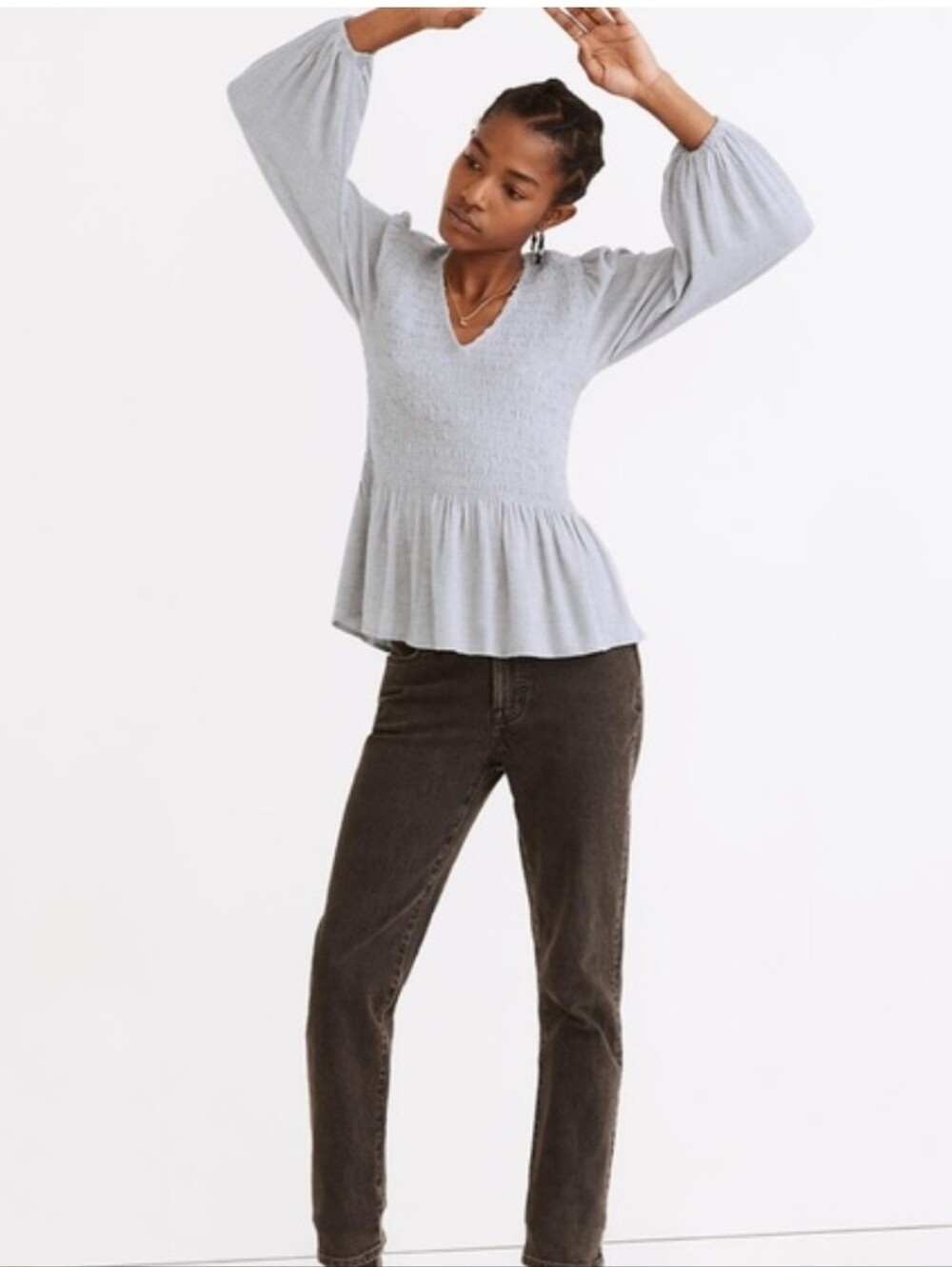 *Madewell* EUC Lucie V-Neck Light Gray Smocked Peplum Top, Small